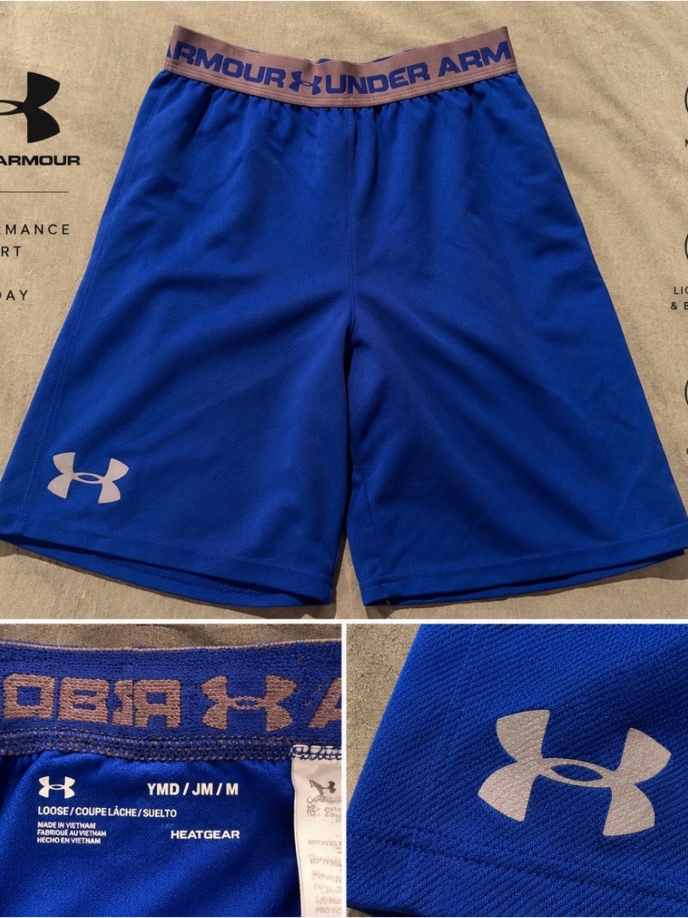 Under Armour Royal Blue HeatGear Athletic Shorts with Gray Logo